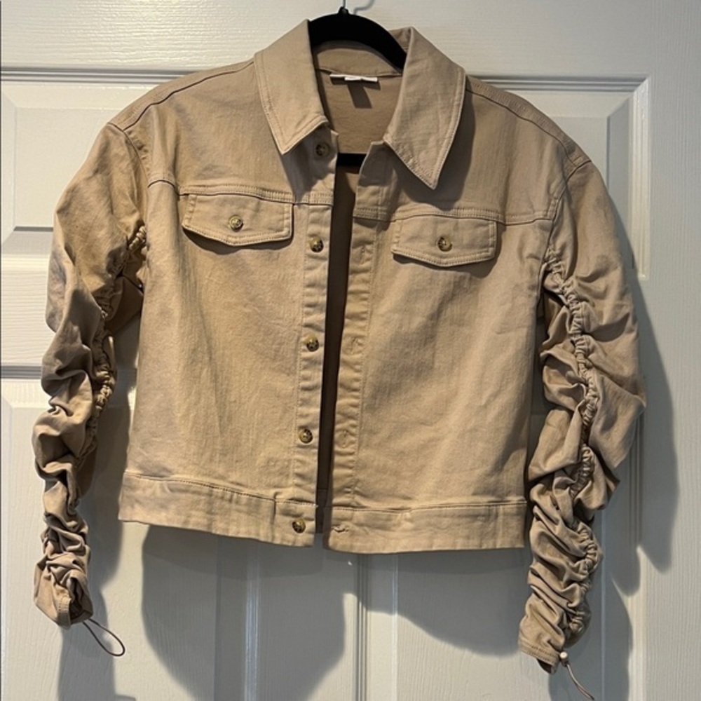 Tan Denim Ruched Sleeve Women's Jacket size XS